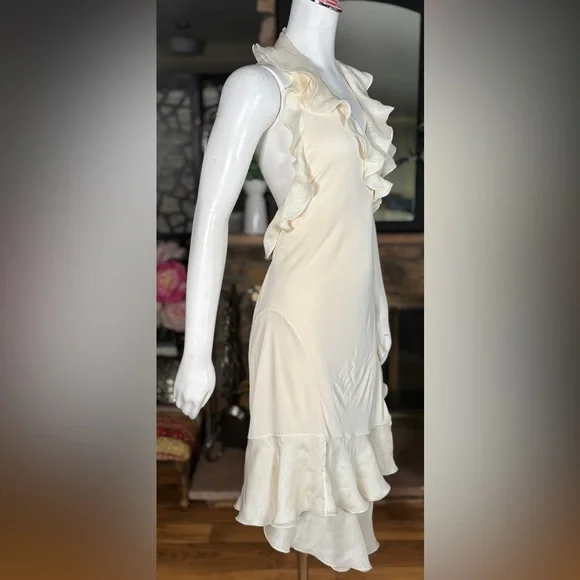 Jean Paul Gaultier Cream Silk & Rayon Backless Ruffle Halter Wrap Dress, Sz L - Picture 5 of 16
